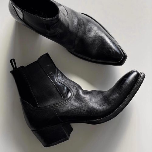 男女翘头切尔西靴复古短筒工装靴子暗黑马丁靴真皮手工尖头巫师靴 - 图1