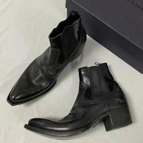 男女翘头切尔西靴复古短筒工装靴子暗黑马丁靴真皮手工尖头巫师靴 - 图2