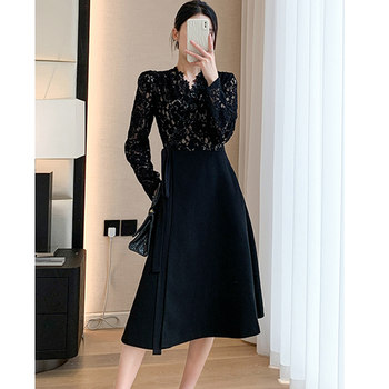 ຊຸດແຟຊັນມມຍາວກາງຄໍ V-neck lace splicing skirt women's plus size spring and autumn temperament socialite looks slim and high-end