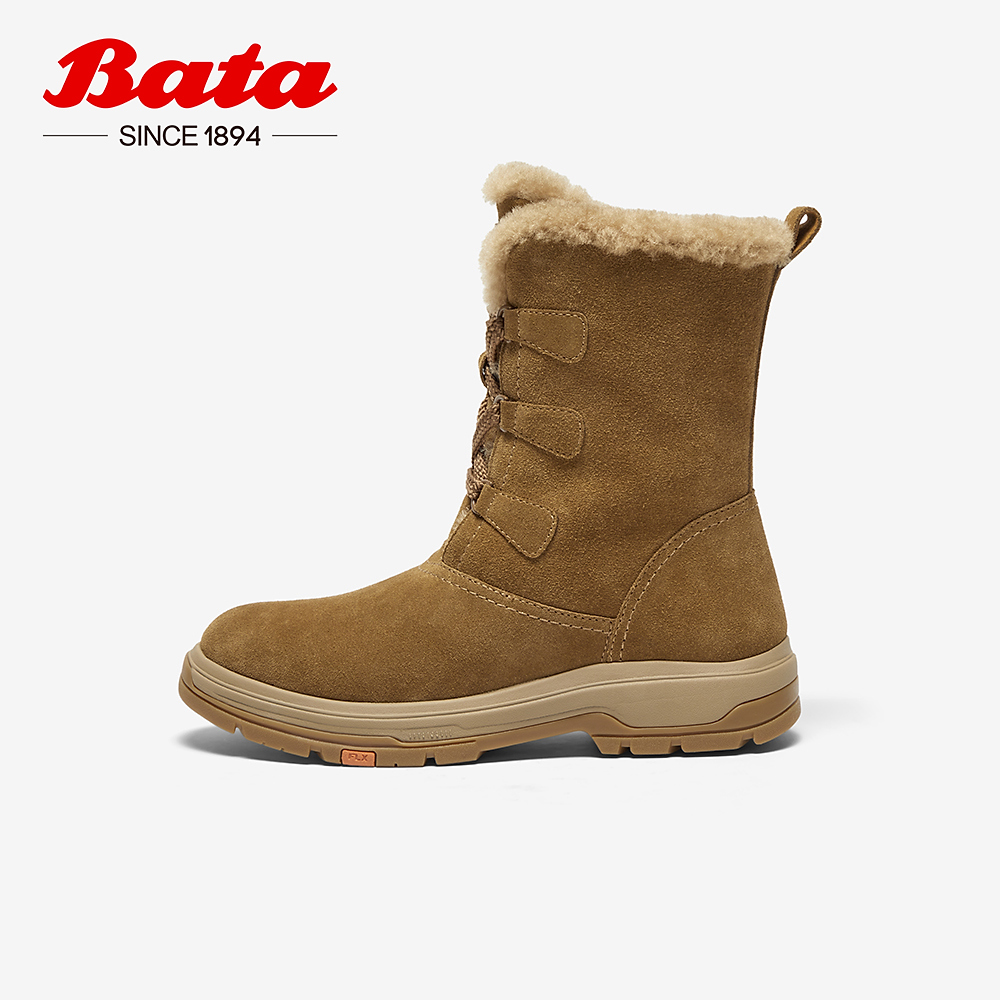 Bata雪地靴女冬商场新款牛剖皮粗跟保暖羊毛软底靴AWT43DZ4-图0