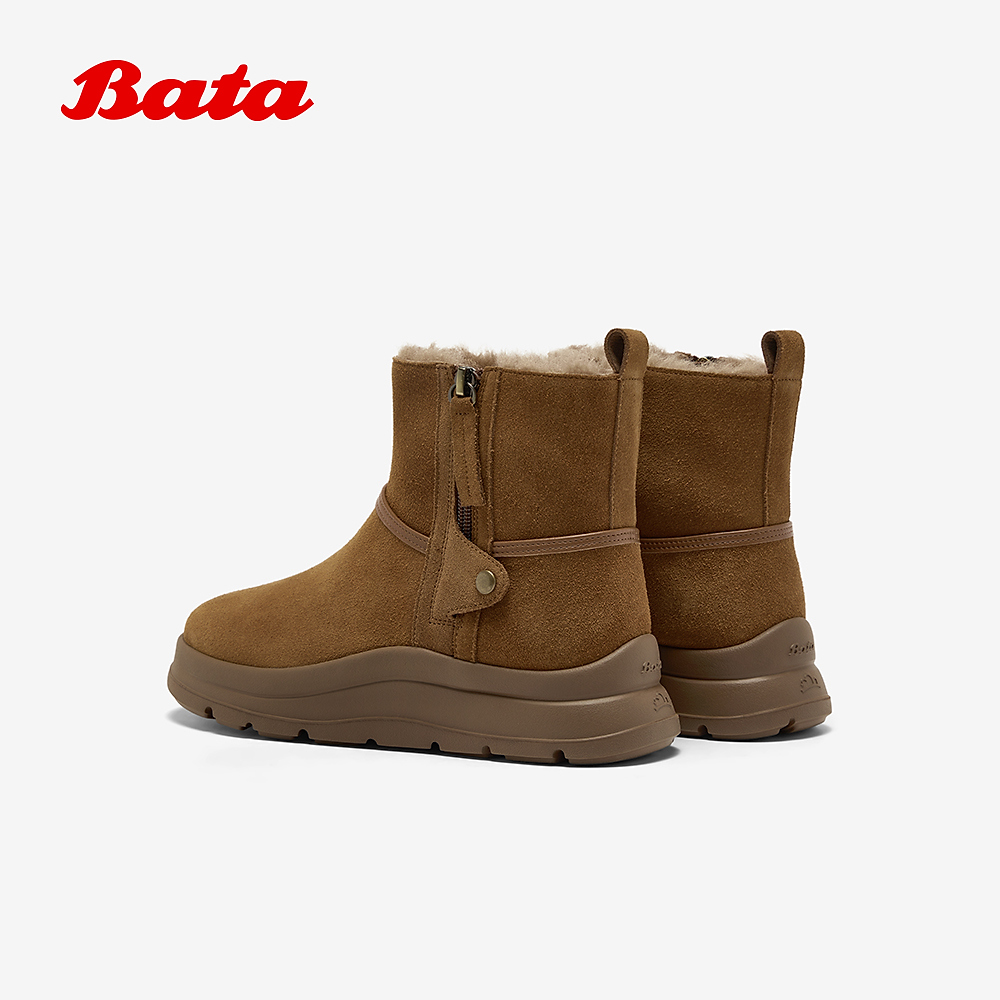 Bata雪地靴女加绒2025冬商场新款牛皮羊毛保暖厚底短靴AD149DD5 - 图0