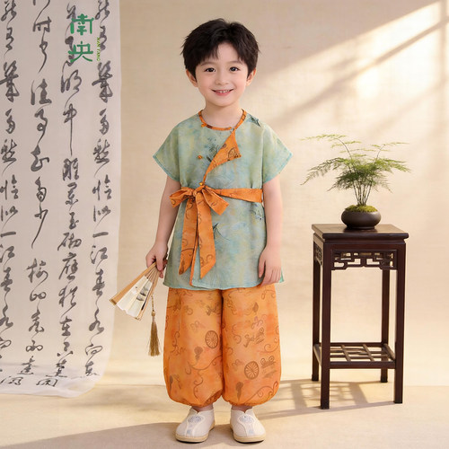 南央日常可穿汉服男童唐制服装儿童唐朝圆领衫小男孩短袖古装夏季 - 图2