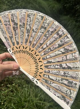 新款蕾丝女扇折扇女式古风扇子镂空花卉图案便携防晒扇手工工艺扇