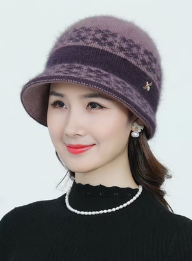 兔毛中老年女加绒保暖针织帽