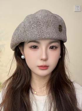 韩系女黑色显脸小贝雷帽秋冬新款