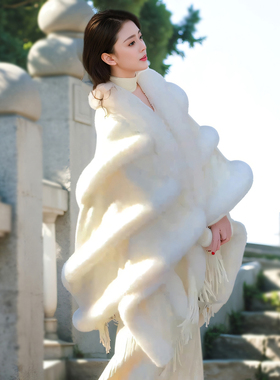 毛领斗篷披肩女中长款针织开衫