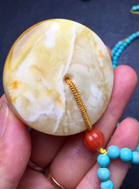 俄料蜜蜡平安扣原矿绿松石项链