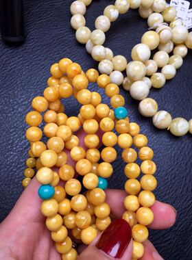 稀有 小年份 老蜜蜡 项链 白花108  浓郁诱人橘色 7.7mm 30.9克