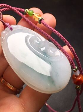 A货天然翡翠“如意”挂件 老坑种糯冰种 牛奶底飘蓝花 光感一流