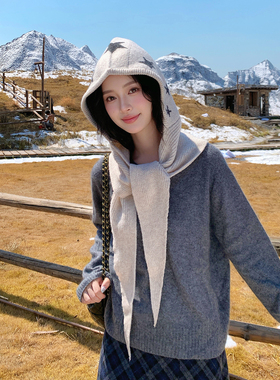 韩版星星图案针织连帽围巾女秋冬季保暖毛线帽一体式护耳围脖披肩