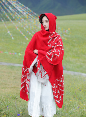 大草原旅行红色连帽斗篷披肩围巾