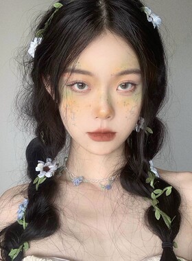 网红同款蓝色小花朵绿叶藤条发饰