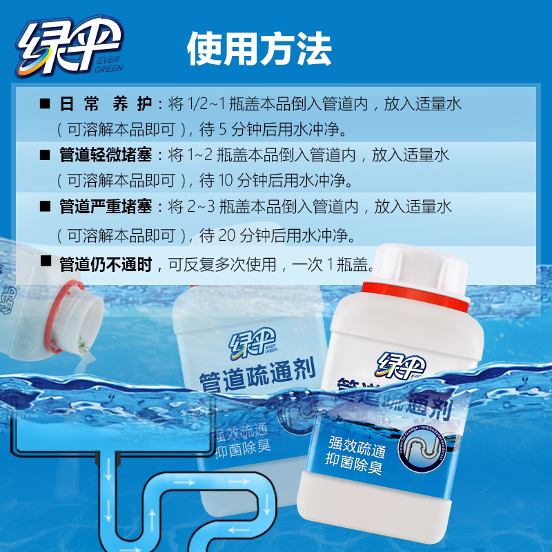 绿伞管道疏通剂2瓶卫生间厕所马桶厨房下水道管道强力溶解疏通剂