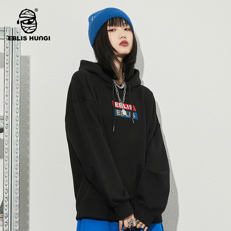 Eblishungi木乃伊国潮前胸刺绣后背机车风印花加厚加绒连帽卫衣 - 图3