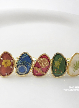 多喜商店【蔓蔓青萝】滴胶植物不规则椭圆复古小众设计可调节戒指