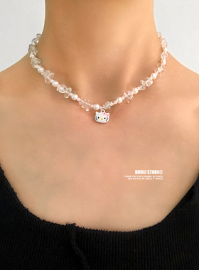 多喜商店【春和山野】KT猫透色碎石串珠蝴蝶结仿珍珠亚文化短项链