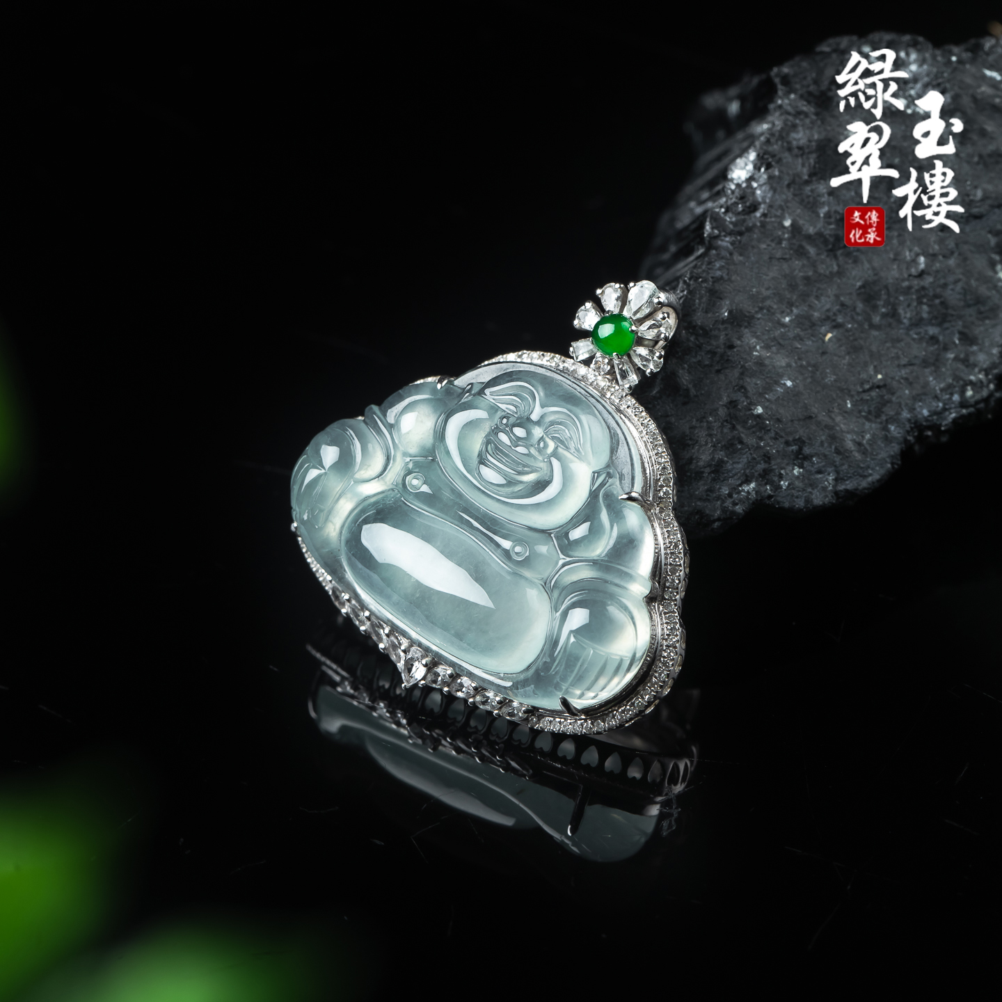 绿翠玉楼天然缅甸A货翡翠冰木那雪花棉佛公吊坠18k弥勒佛挂件848 - 图2