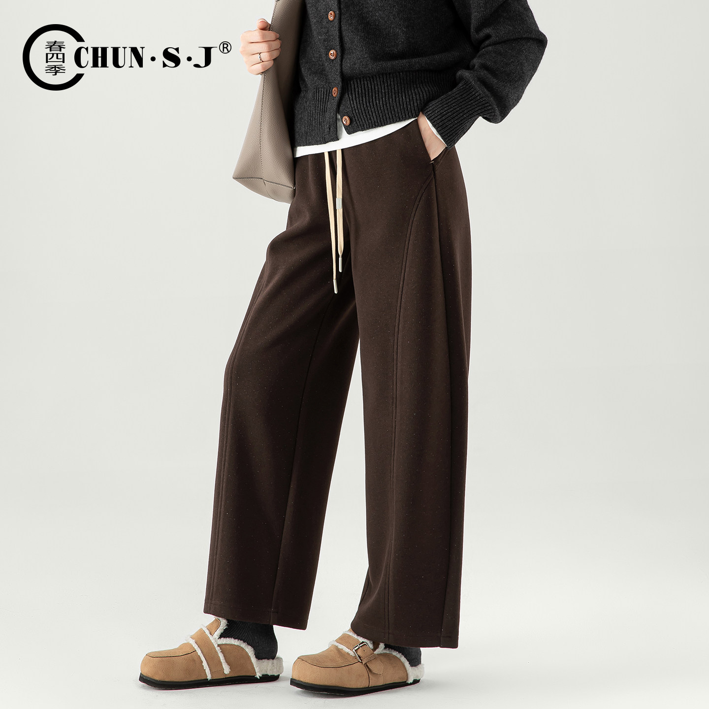 羊毛醋酸咖色毛呢阔腿裤女2025新款冬季休闲弯刀裤梨型身材裤子,淘宝优惠券,粉丝福利购,淘宝优惠卷