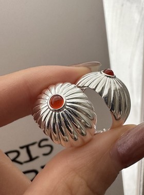 女S925纯银斜纹红玛瑙耳扣戒指