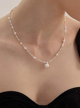 S925纯银女碎银子间隔珍珠项链
