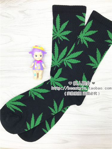 【正品】HUF枫叶袜子男女同款情侣潮流网红百搭ins春夏中筒袜黑绿 - 图0