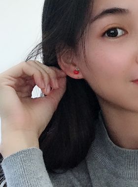 红色纯银百搭小众风圣诞款耳钉