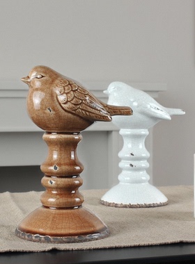 复古侘寂风陶瓷立柱鸟儿童房摆件