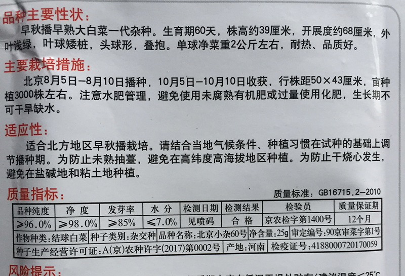 北京小杂60号大白菜种子 早熟60天矮脚耐热蔬菜种子农科院京研25g