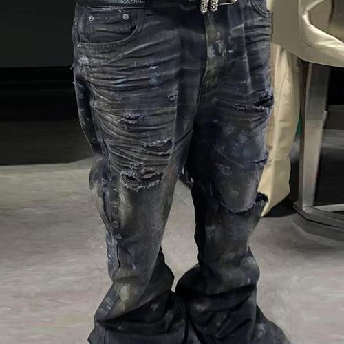 Undermycar 24FW FLARE 泥浆脏染破坏破洞宽微喇显腿长重磅牛仔裤 - 图1