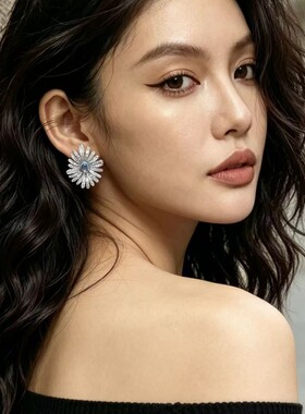 欧美跨境轻奢高级感小雏菊耳钉女铜合金微镶满锆花朵耳环耳饰
