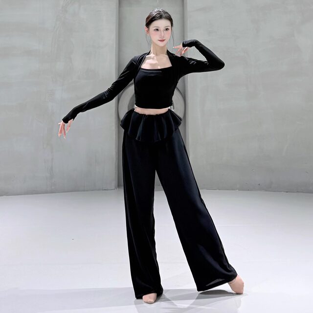 French Spring and Summer Dance Top Practice Clothes Back Shoulder Exposed Waist Modern Dance Slim Long Sleeve Female Chinese Dance Body Art Test