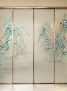 玻璃贴纸山水画中式磨砂透光不透人静电水墨贴画玻璃门办公室