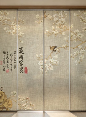 中式玻璃贴纸花鸟静电磨砂浴室推拉玻璃门透光不透明阳台装饰贴膜