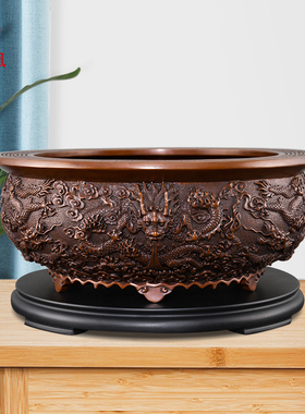 紫铜聚宝盆摆件实心九龙纹生肖聚宝盆招聚客厅办公室八方来财铜盆