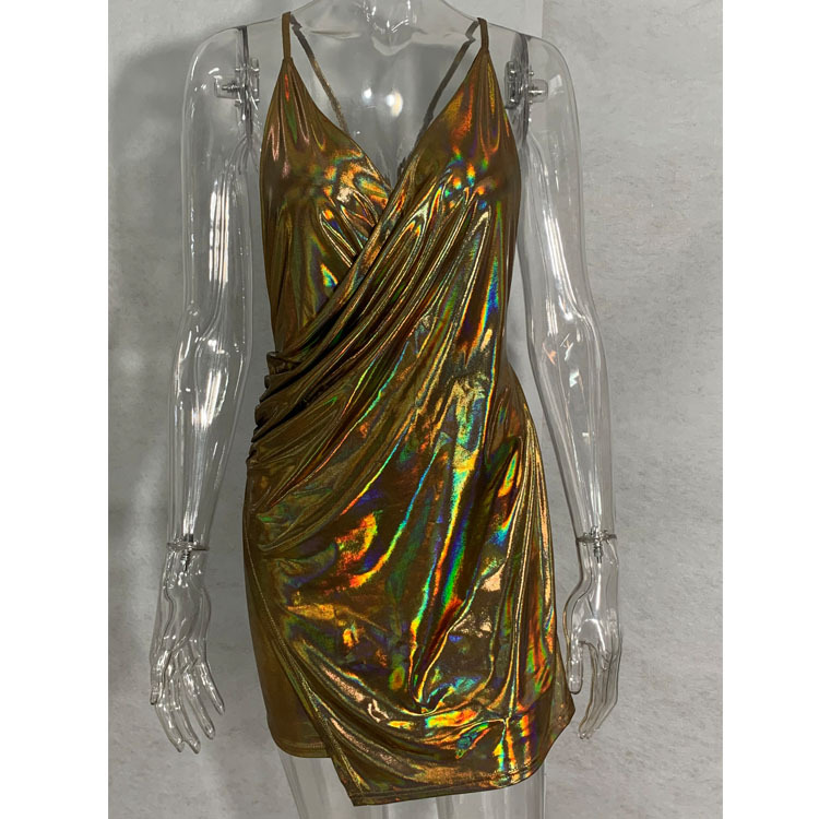 Metallic Gold Backless Dress 深V吊带露背性感不规则闪亮连衣裙 - 图3