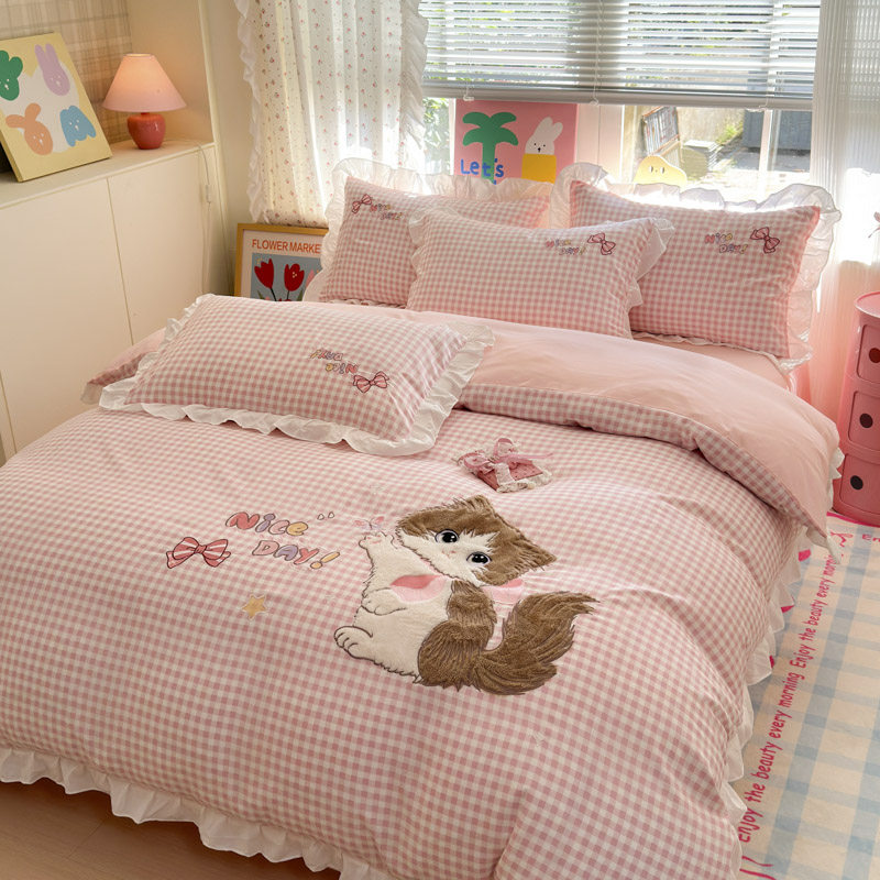 ins卡通炸毛小猫纯棉四件套1.5m1.8米学生全棉床单被套宿舍三件套,淘宝优惠券,粉丝福利购,淘宝优惠卷