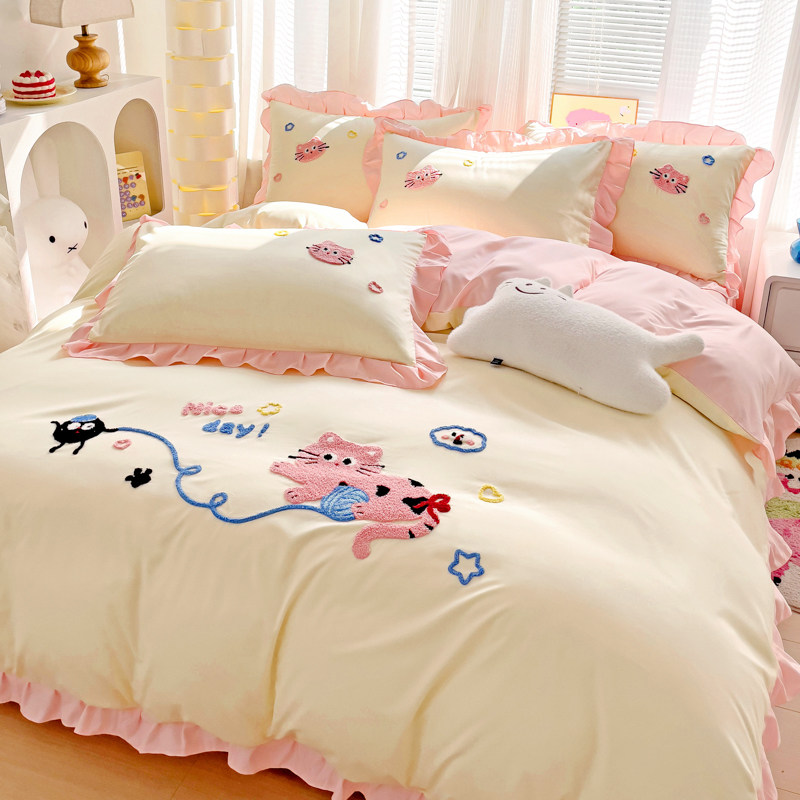 韩式可爱风纯棉床上四件套全棉顽皮猫被套被罩床单学生宿舍三件套,淘宝优惠券,粉丝福利购,淘宝优惠卷