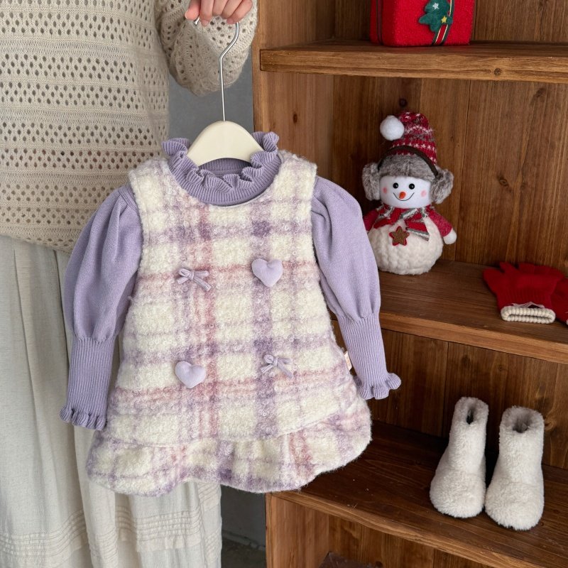 韩系女童冬装淡紫温柔拜年礼裙新款儿童加绒格子公主爱心软萌套装,淘宝优惠券,粉丝福利购,淘宝优惠卷