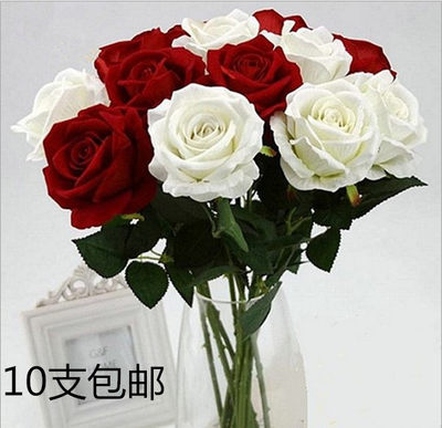 单支仿真玫瑰花假花客厅装饰花绒布红玫瑰花瓶插花绢花束干花摆件 虎窝淘