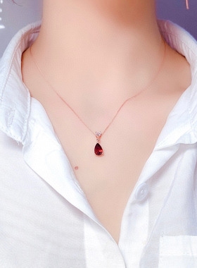 欧美时尚珠宝少女简约甜美仿红宝石水滴形吊坠镀18K玫瑰金色项链