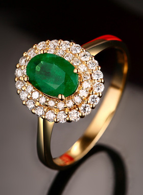 欧美高端珠宝女士时尚气质仿真绿碧玺硞石镶嵌祖母绿镀黄金戒指