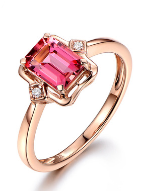 欧美高端优雅简约气质长方形仿天然红碧玺硞石镶钻镀玫瑰金戒指女