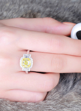 欧美高端珠宝少女简约甜美公主方形黄钻硞石镶钻分色镀金戒指钻戒