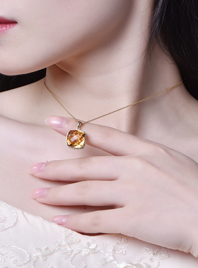 欧美高端气质金黄色锆石仿真黄水晶正方形吊坠镀18K黄金色项链女