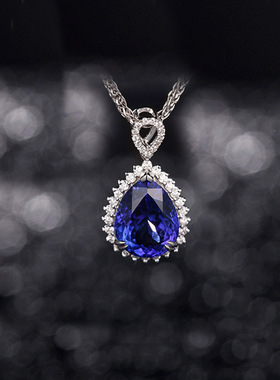 饰品女欧美风低奢星光蓝水晶宝石水滴吊坠镶满钻镀白金锁骨链项链