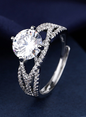 欧美时尚交叉线条两克拉硞石镶钻戒指女生简约甜美大气结婚钻戒