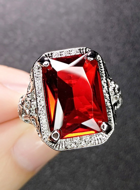 欧美女士珠宝大颗粒方形仿祖母绿碧玺鸽血红宝石硞石镶钻镀金戒指