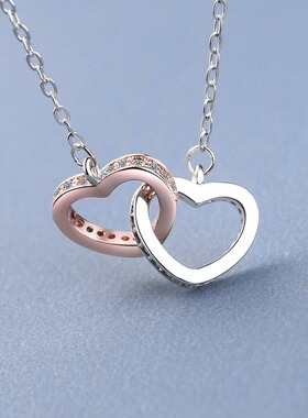 少女爱心项链心心相扣硞石镶钻白金色玫瑰金双环高级感甜美锁骨链