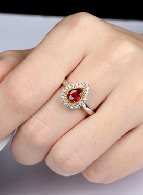 欧美高端珠宝女士气质水滴形仿真红宝石分色硞石镶钻甜美镀金戒指