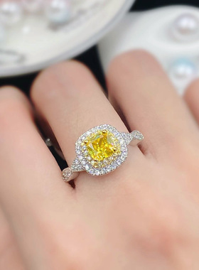 钻戒欧美少女学生简约甜美公主方形仿真黄水晶硞石镶满钻镀金戒指